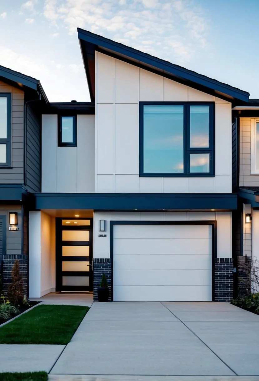 A split-level house with a modernized exterior, featuring clean lines and updated materials