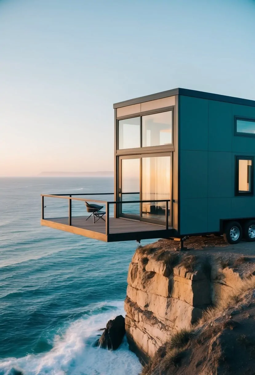 A sleek, minimalist tiny house sits perched on a cliff overlooking the ocean, with large windows and a spacious deck for enjoying the coastal view