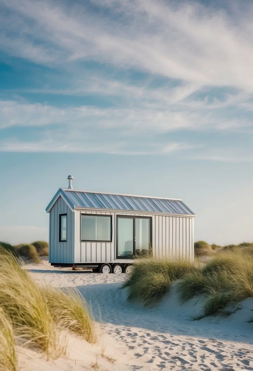 A sleek modern coastal tiny house nestled by the shore, surrounded by sandy dunes and waving sea grass