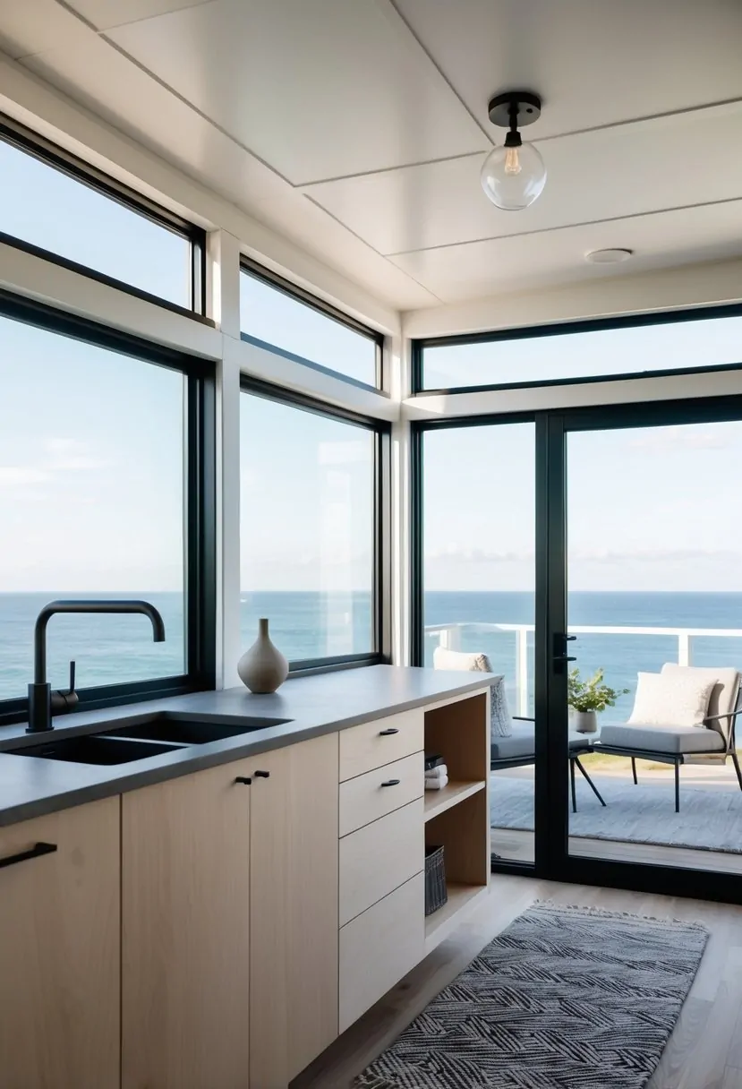 A modern coastal tiny house interior with minimalist decor, large windows, and a view of the ocean