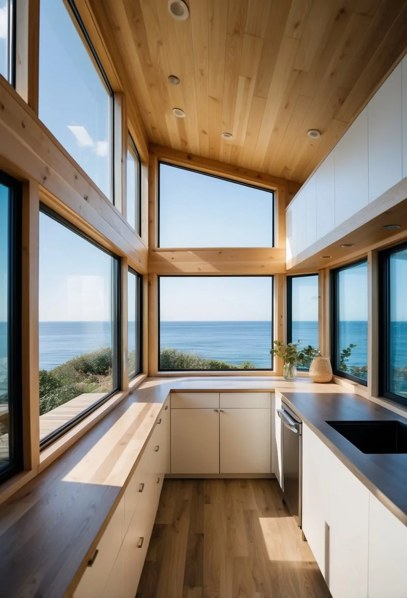 The modern coastal tiny house interior features light, airy colors, natural materials, and large windows overlooking the ocean