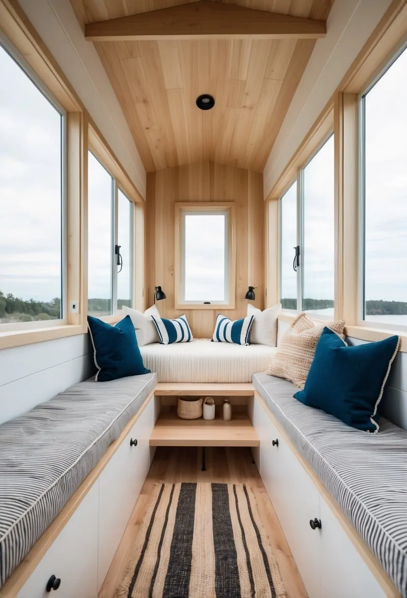 A cozy, minimalist tiny house interior with modern coastal decor, featuring light wood accents, large windows, and nautical-inspired elements