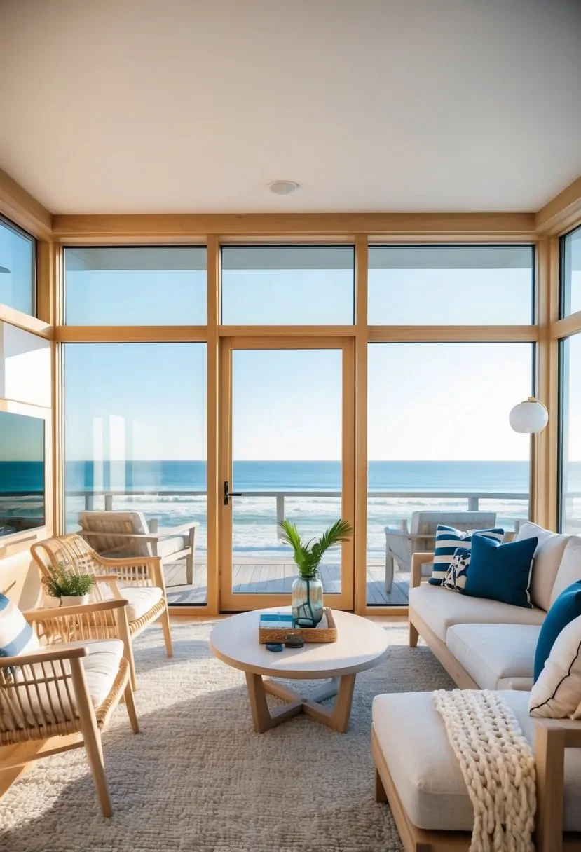 A cozy coastal modern interior with light wood furniture, nautical decor, and large windows overlooking the beach