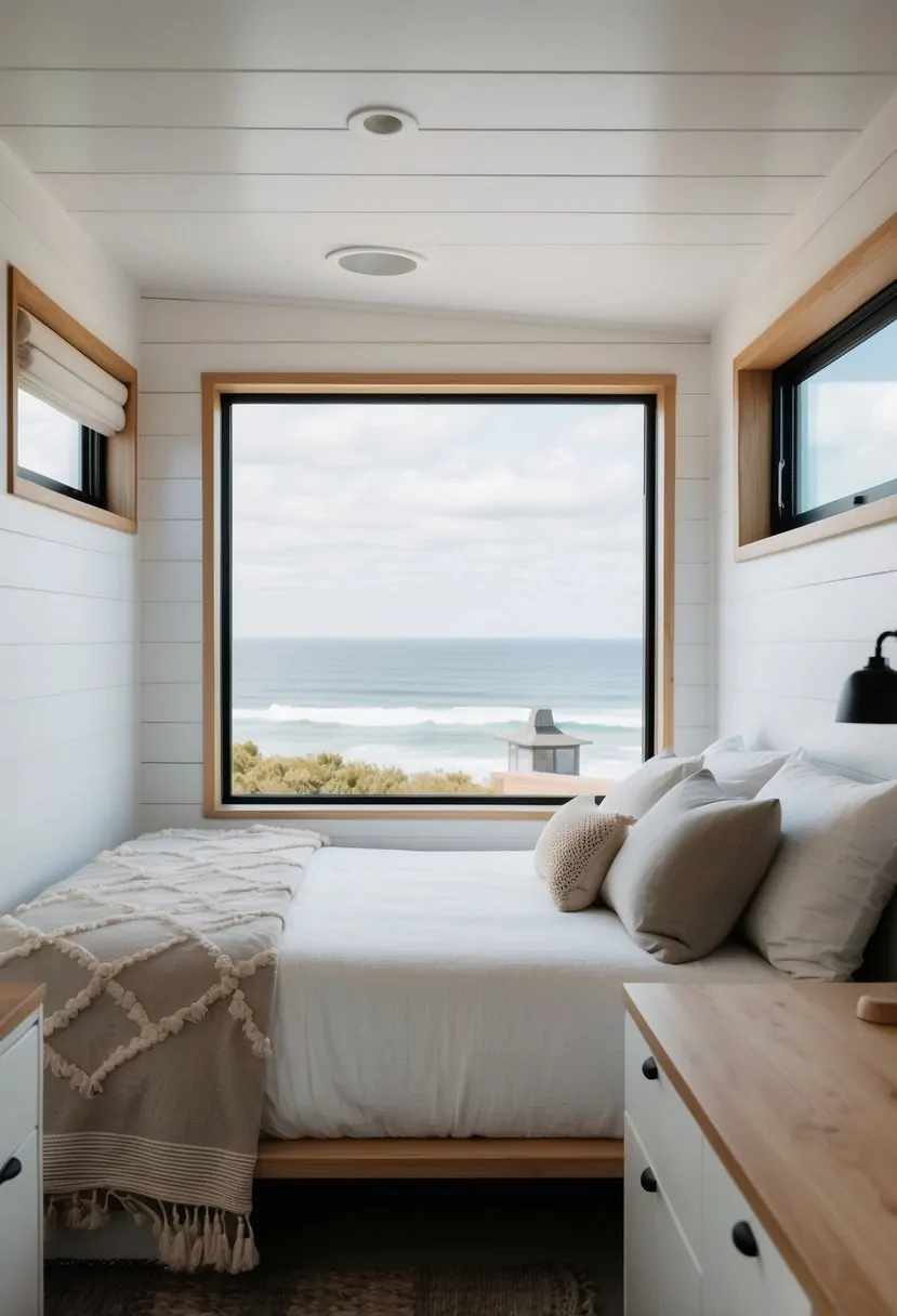 A cozy coastal bedroom in a modern tiny house, with a view of the ocean and minimalist decor