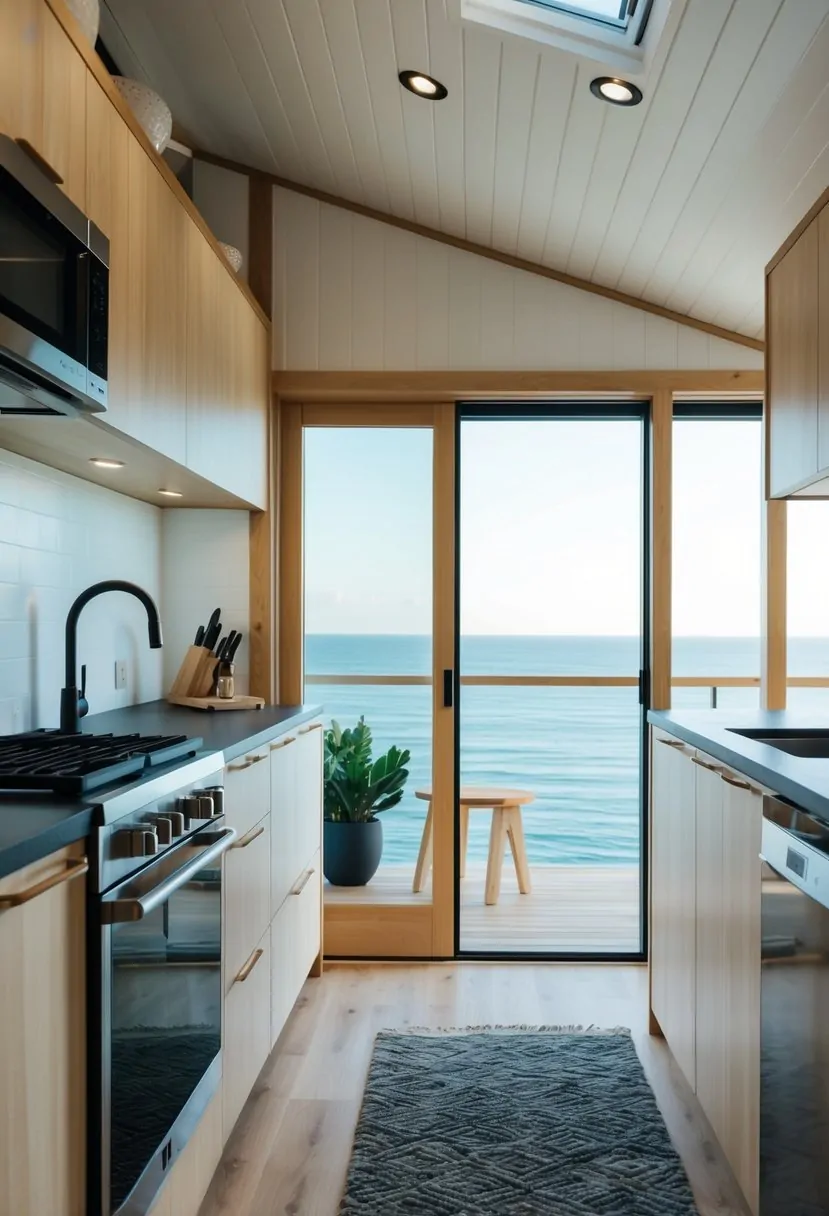 A modern coastal kitchen in a tiny house, with sleek appliances and light wood accents, overlooking the ocean