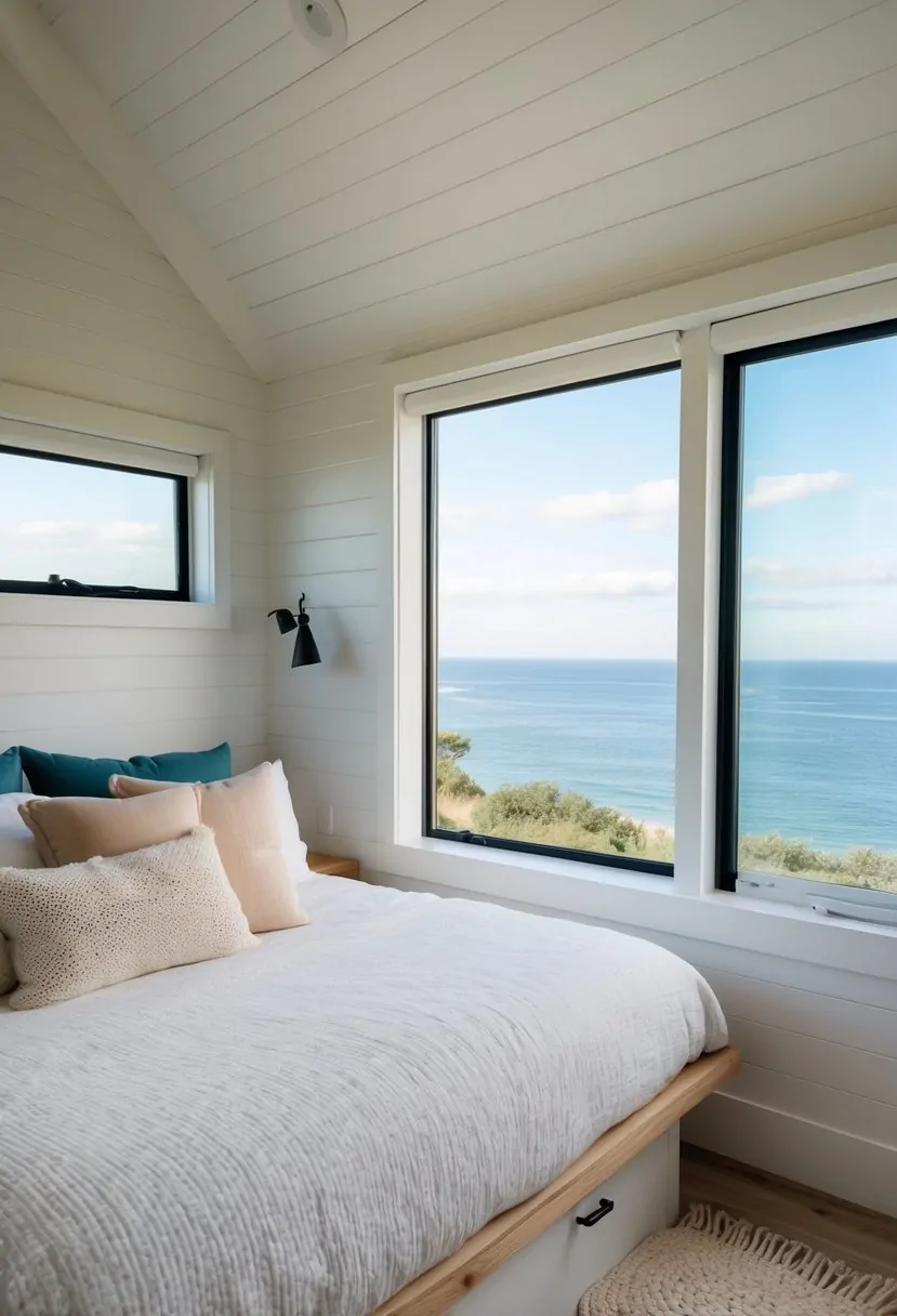 A cozy bedroom in a modern coastal tiny house, with light, airy decor, and a view of the ocean through a large window