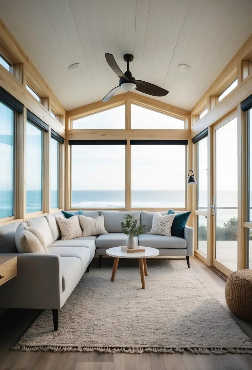 A cozy living room in a modern tiny house by the coast, with light, airy decor and large windows showcasing the ocean view