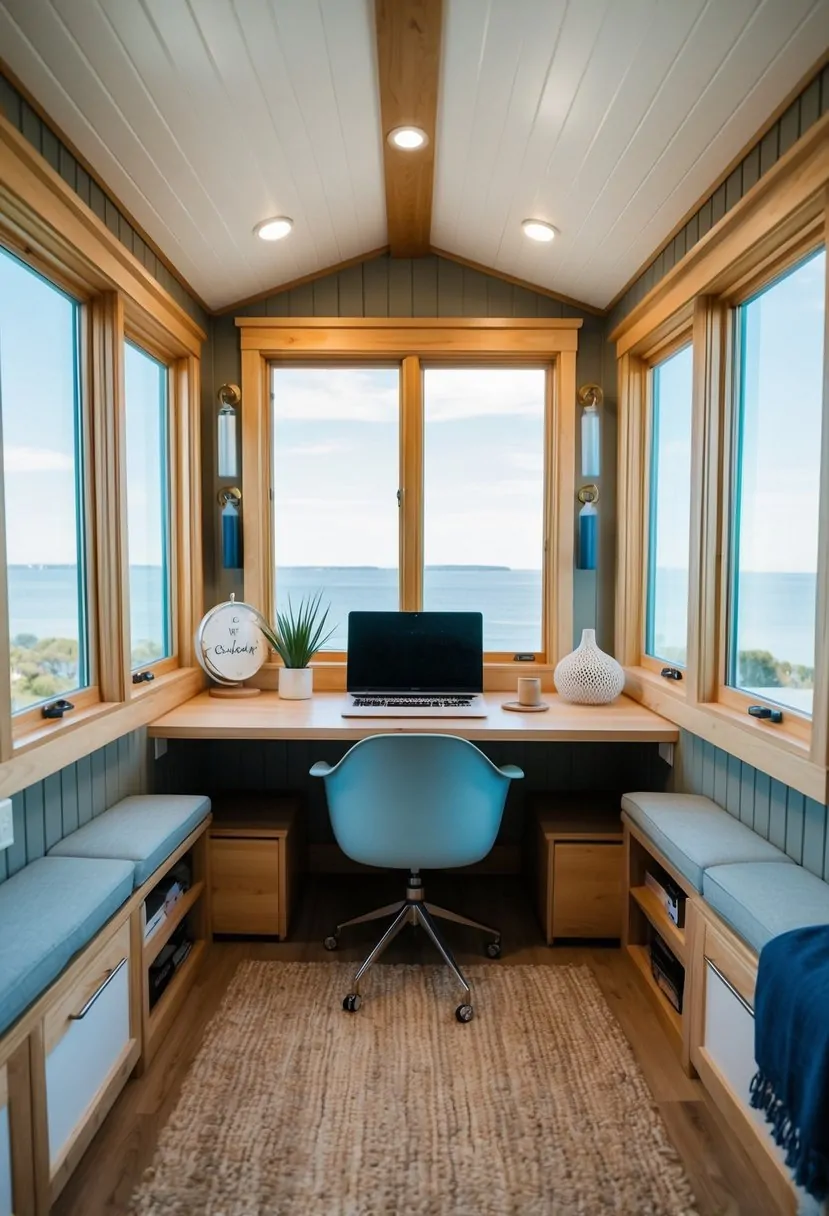 A modern coastal tiny house office with large windows, light wood furniture, and nautical decor