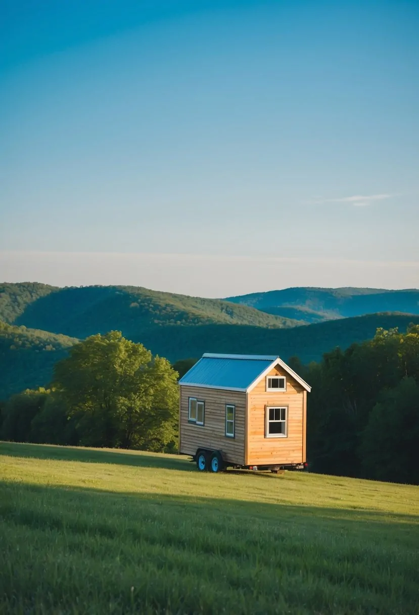 A tiny house nestled among the rolling hills of West Virginia, surrounded by lush greenery and a clear blue sky