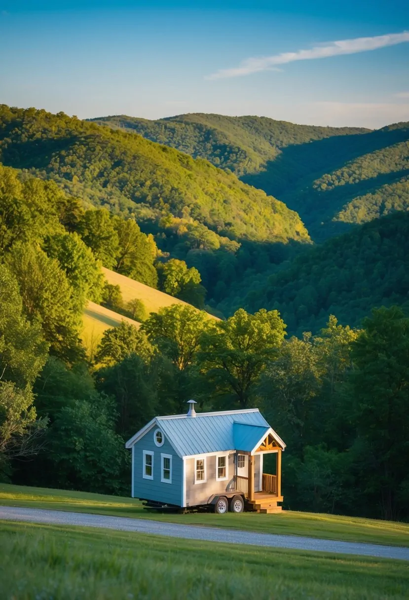 A quaint tiny house nestled in the rolling hills of West Virginia, surrounded by lush greenery and a clear blue sky