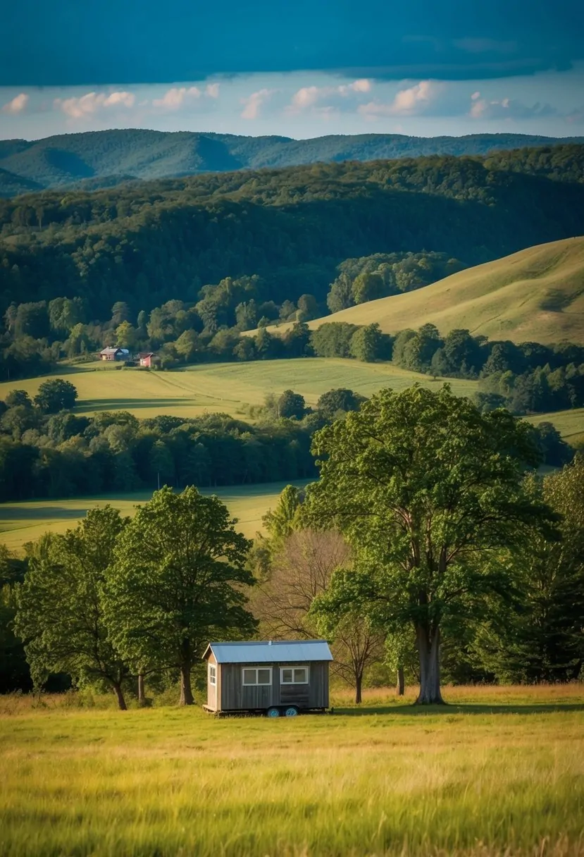 A rural West Virginia landscape with rolling hills and a small, secluded tiny house nestled among the trees
