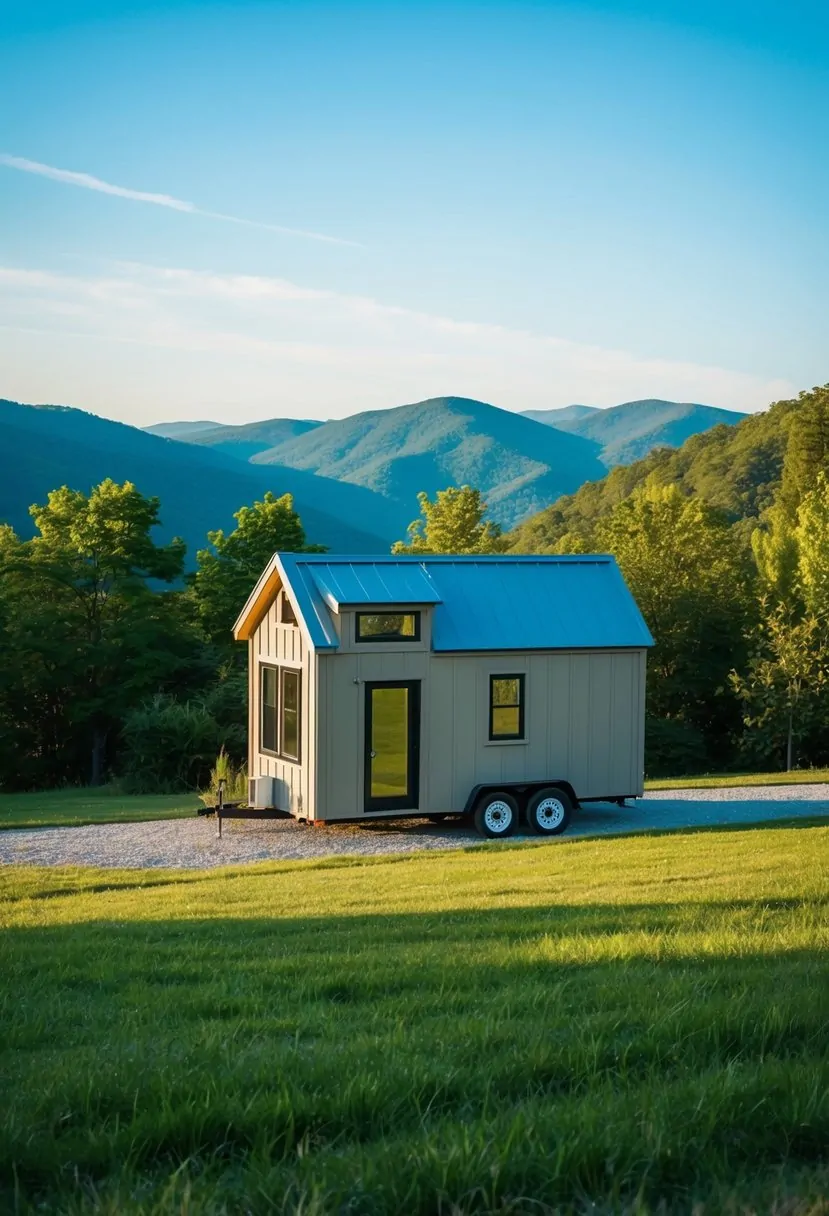 A cozy, minimalist tiny home nestled in the picturesque mountains of West Virginia, surrounded by lush greenery and a clear blue sky