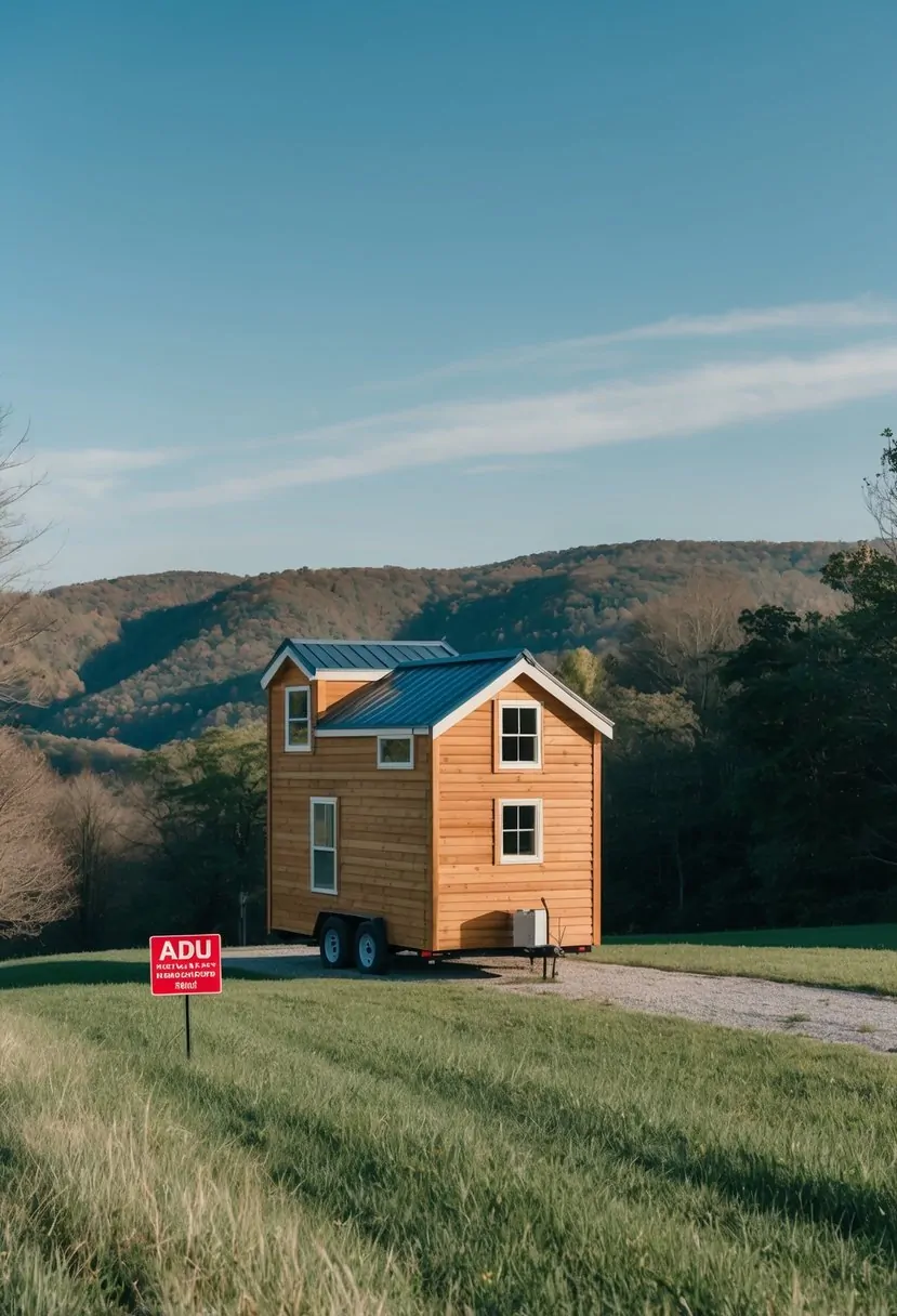 A tiny house nestled in the rolling hills of West Virginia, surrounded by trees and a clear blue sky, with a small sign indicating compliance with ADU laws and regulations