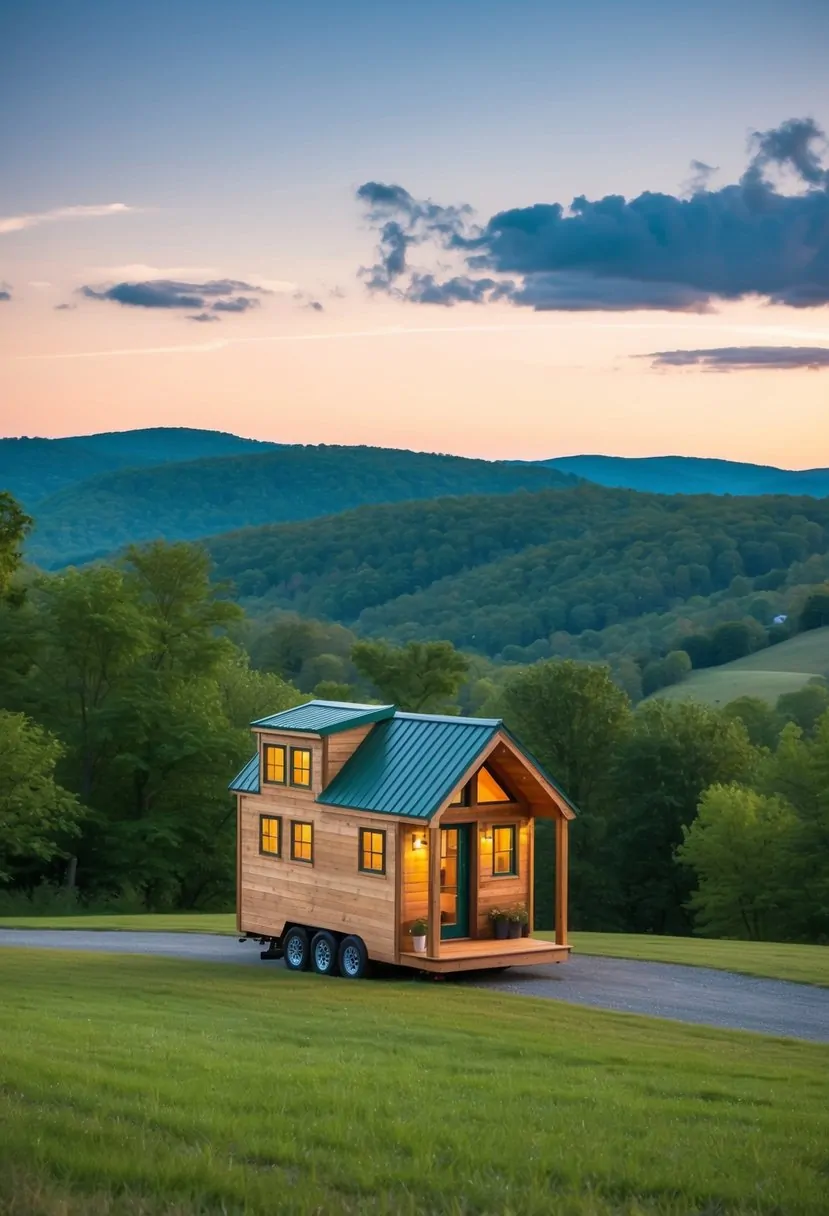 A cozy tiny home nestled in the rolling hills of West Virginia, surrounded by lush greenery and a serene, peaceful atmosphere