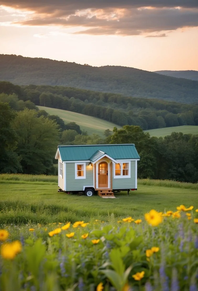 A small, charming tiny house nestled in the rolling hills of West Virginia, surrounded by lush greenery and wildflowers