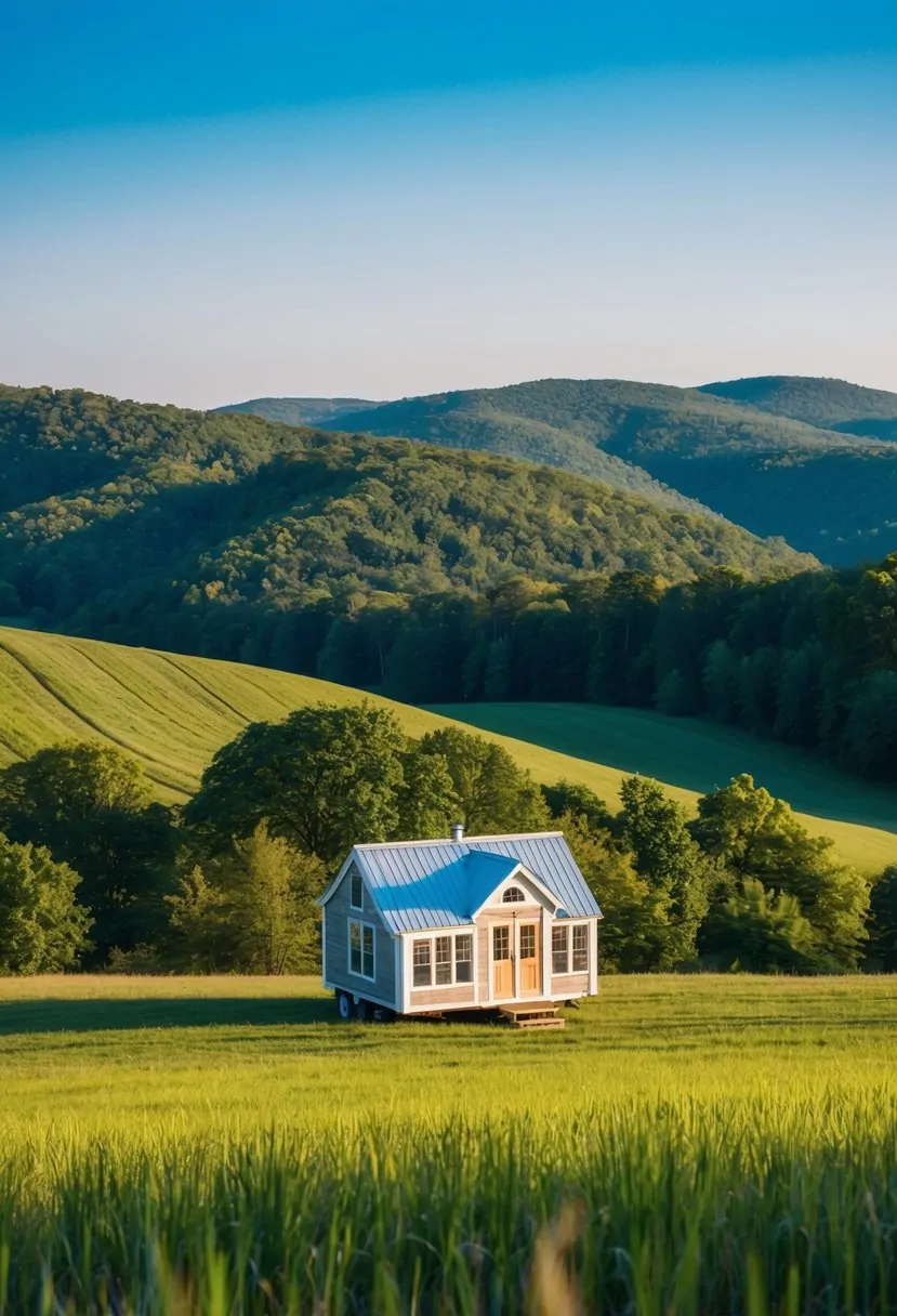 A small, charming tiny house nestled among the rolling hills of rural West Virginia, surrounded by lush greenery and a clear blue sky
