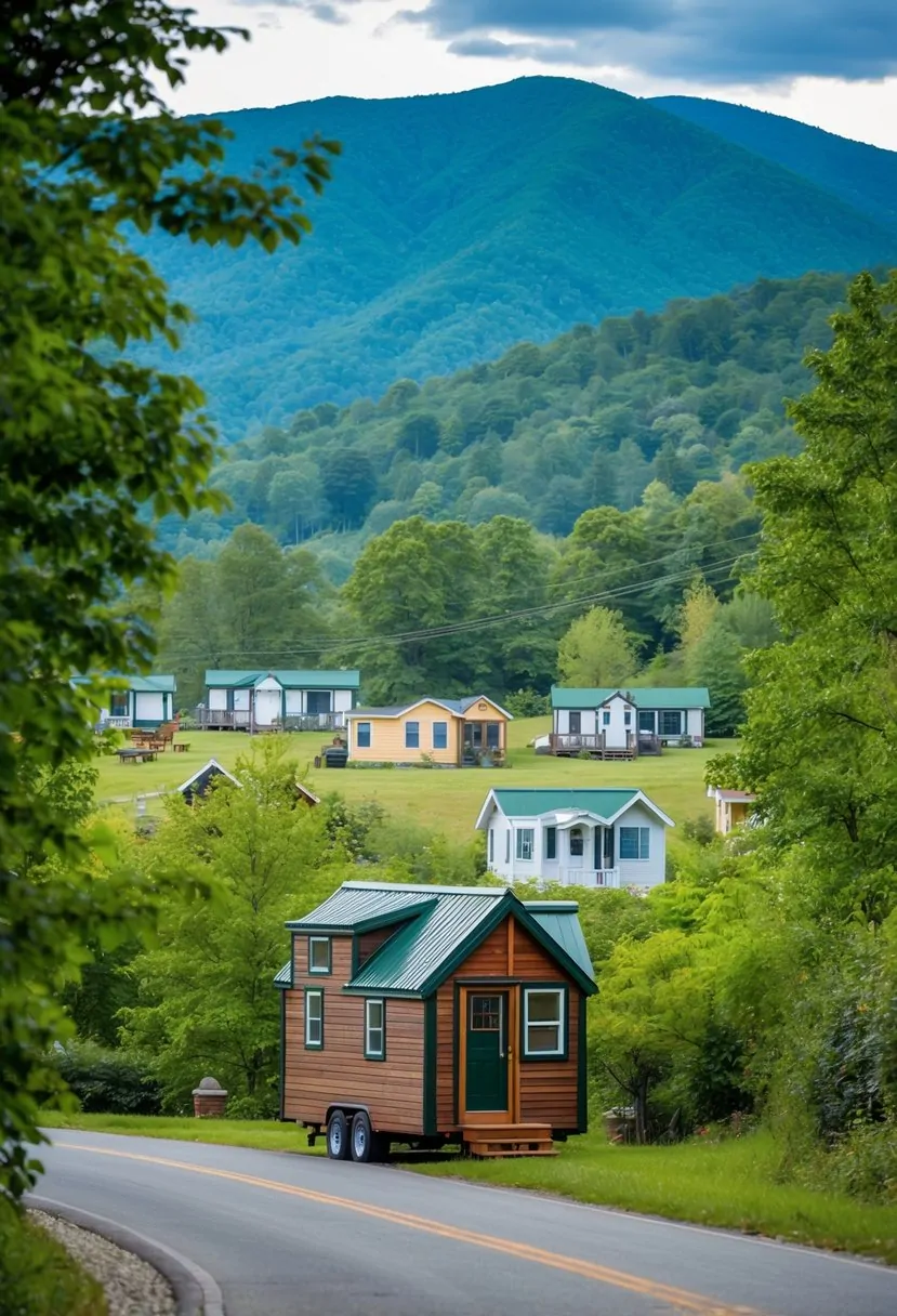 A cozy tiny house nestled in the scenic mountains of West Virginia, surrounded by a tight-knit community of similar homes and lush greenery