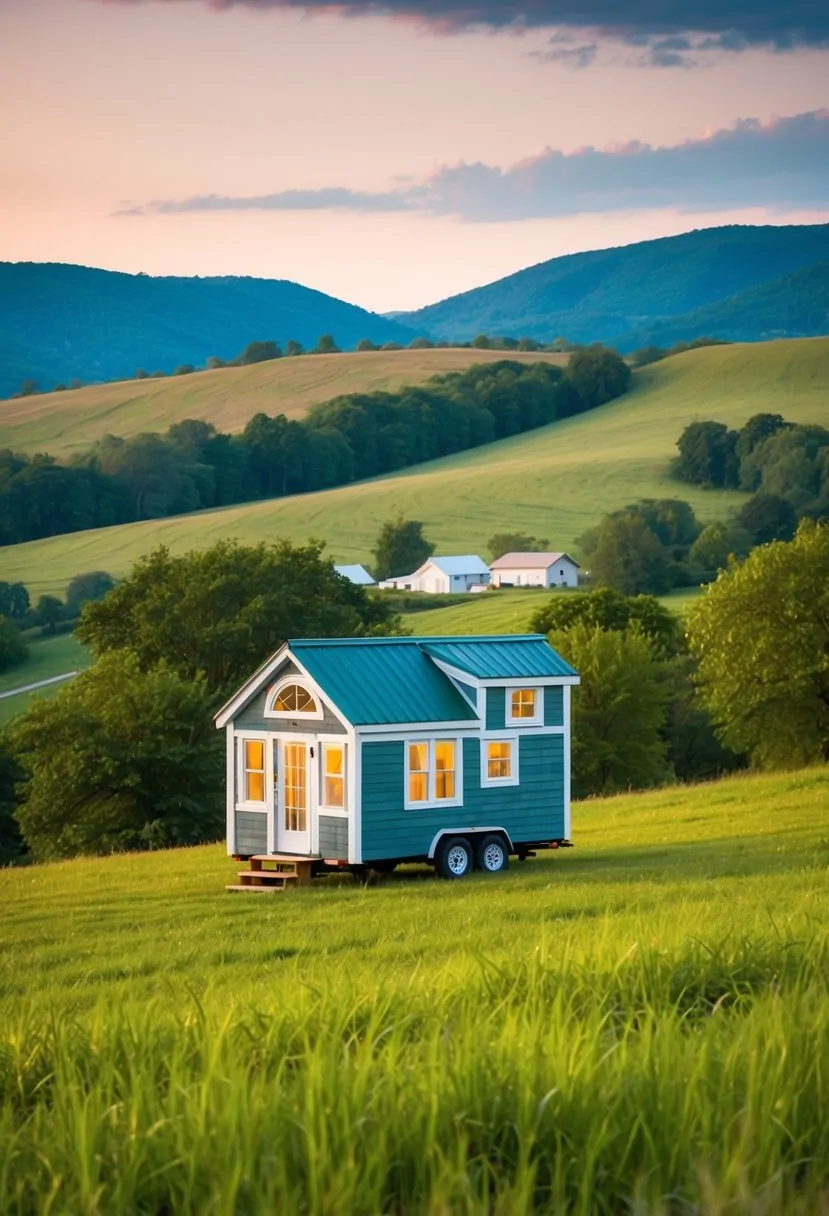 A quaint tiny house nestled in the picturesque West Virginia countryside, surrounded by rolling hills and lush greenery