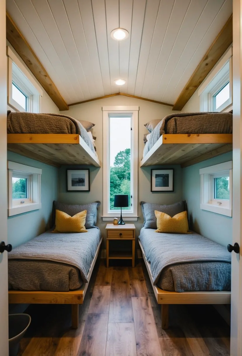 A cozy tiny home with two bunk beds nestled against the wall, each adorned with soft bedding and a small nightstand in between