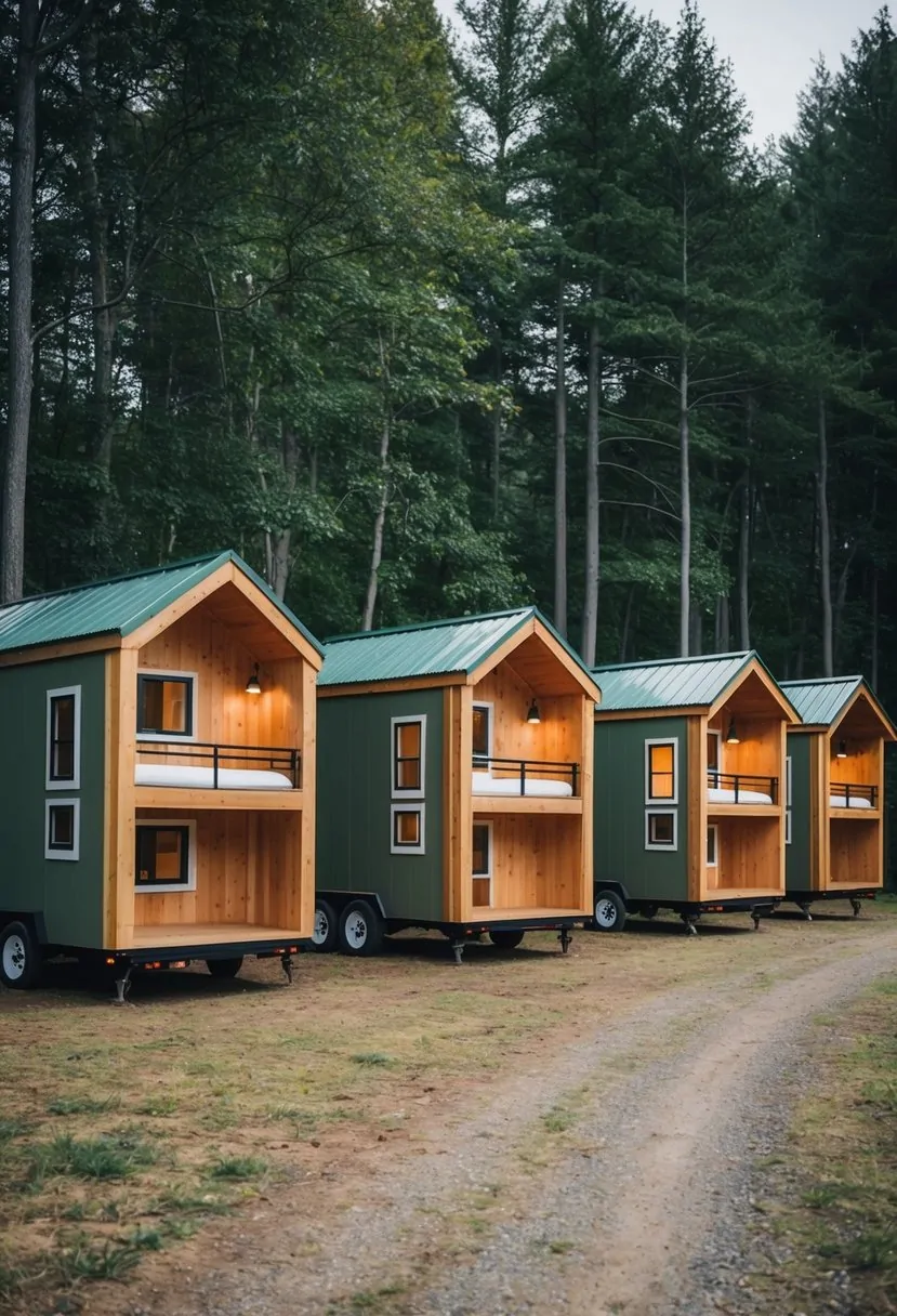 A row of tiny homes with bunk beds, nestled in a forest clearing