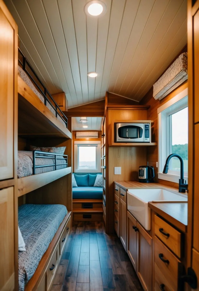 A cozy tiny home interior with bunk beds, compact kitchen, and space-saving furniture