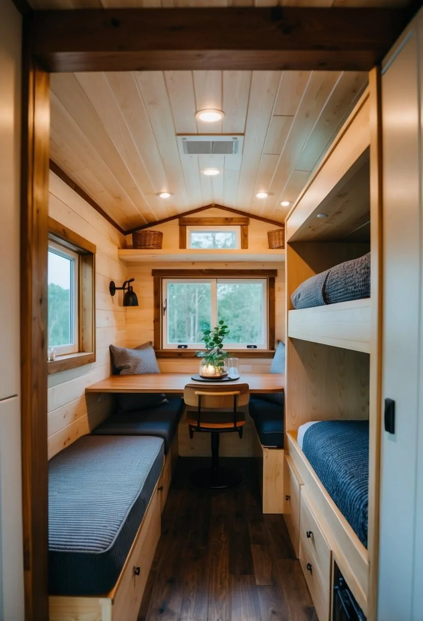 A cozy tiny home interior with built-in bunk beds, clever storage solutions, and a compact dining area