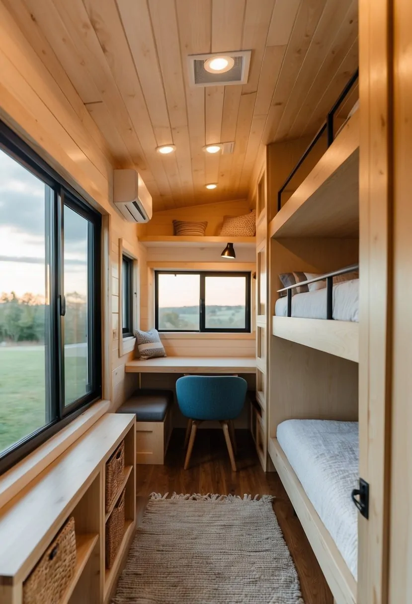 A cozy tiny home interior with bunk beds, compact furniture, and clever storage solutions