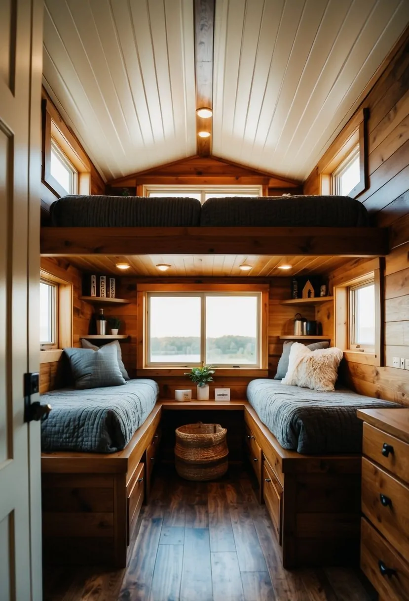 A cozy tiny home interior with bunk beds and various amenities