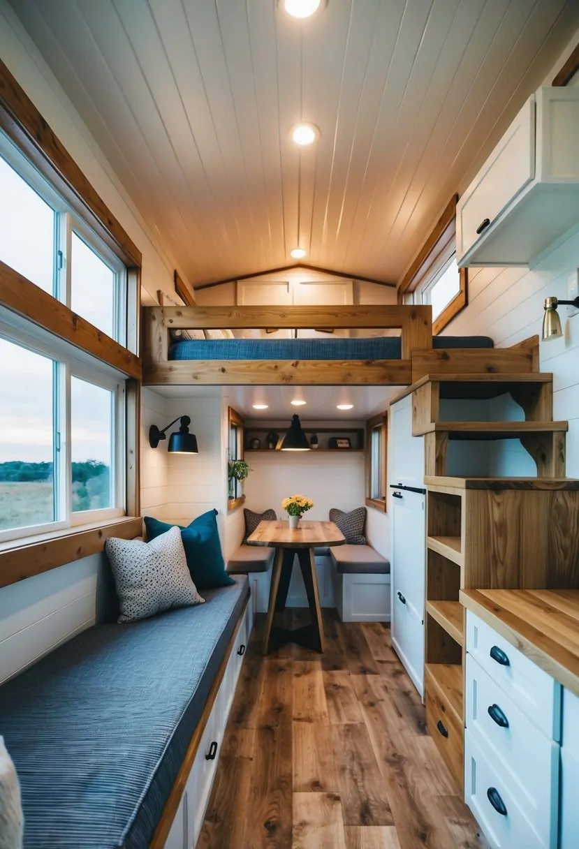 A cozy tiny home interior with built-in bunk beds, storage compartments, and a small dining area for family meals