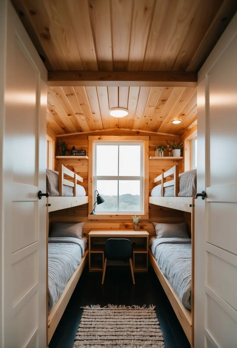 A cozy tiny home interior with bunk beds and communal living space