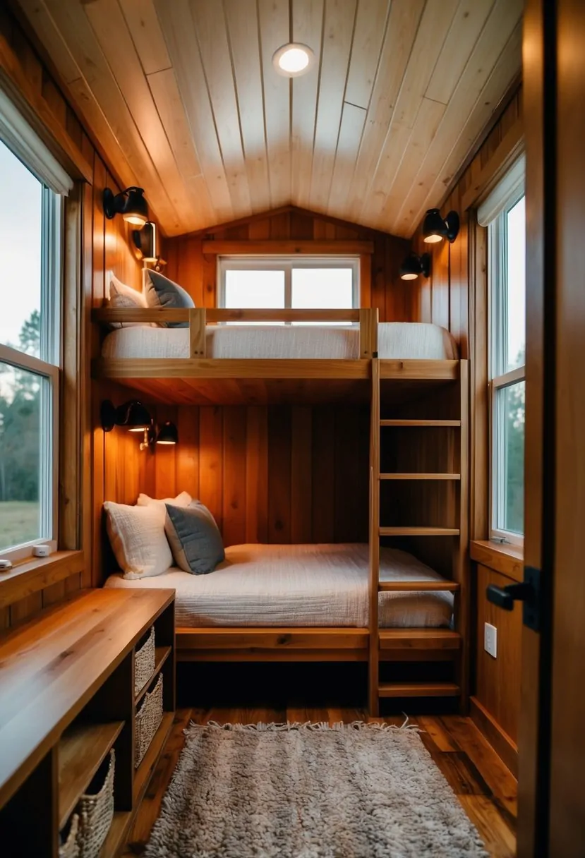 A cozy tiny home interior with bunk beds, warm lighting, and storage solutions