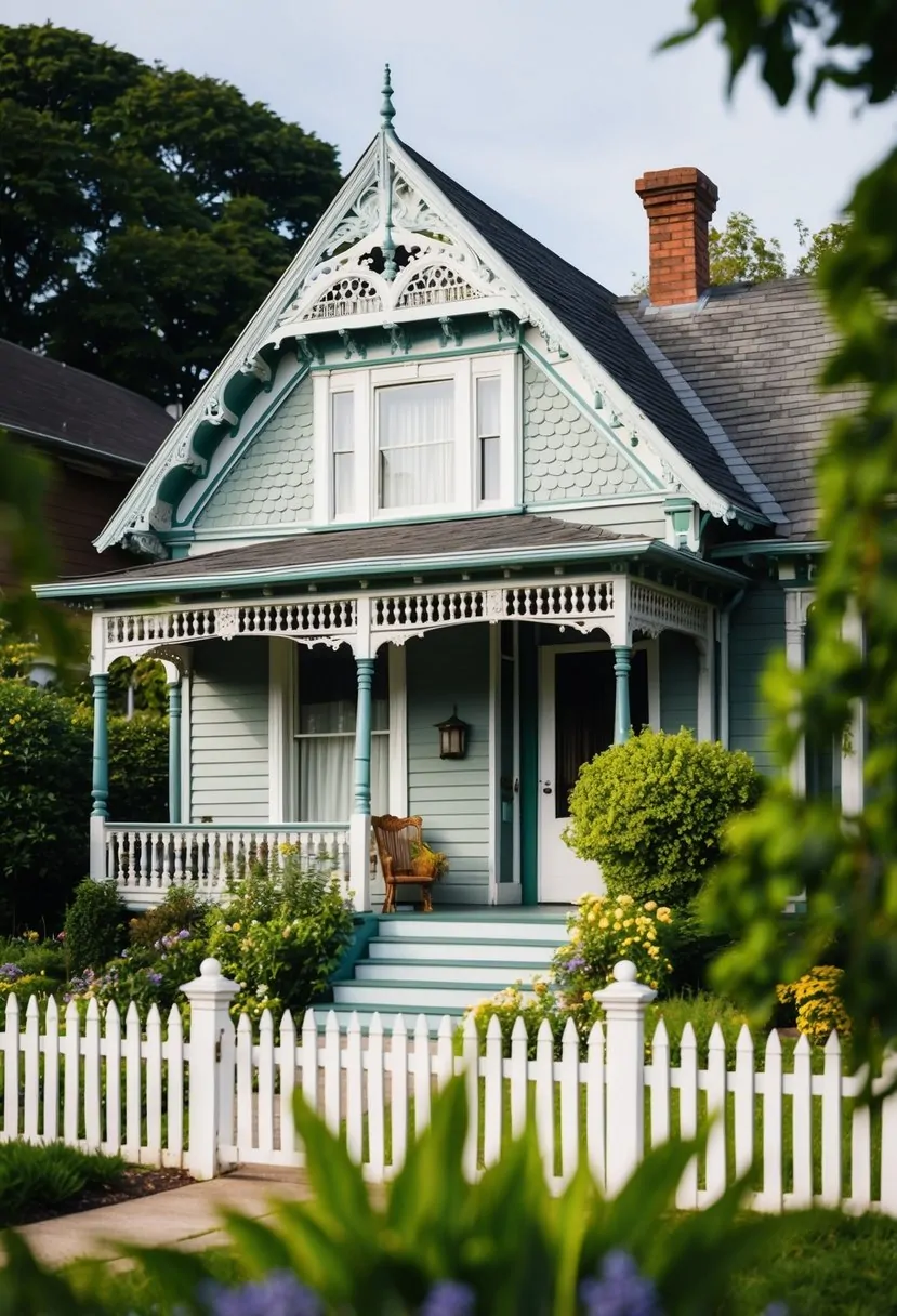 A cozy Victorian cottage with intricate trim, a pitched roof, and a small front porch, nestled among lush gardens and surrounded by a picket fence
