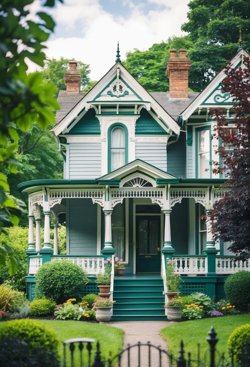 A cozy Victorian cottage surrounded by a lush garden, with intricate architectural details and a welcoming front porch