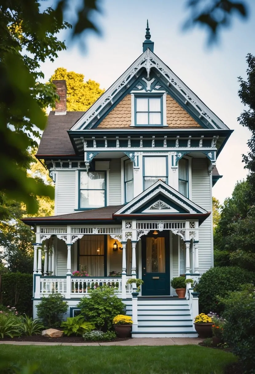 A cozy Victorian cottage with intricate trim, a pitched roof, and a charming front porch nestled in a quaint garden setting