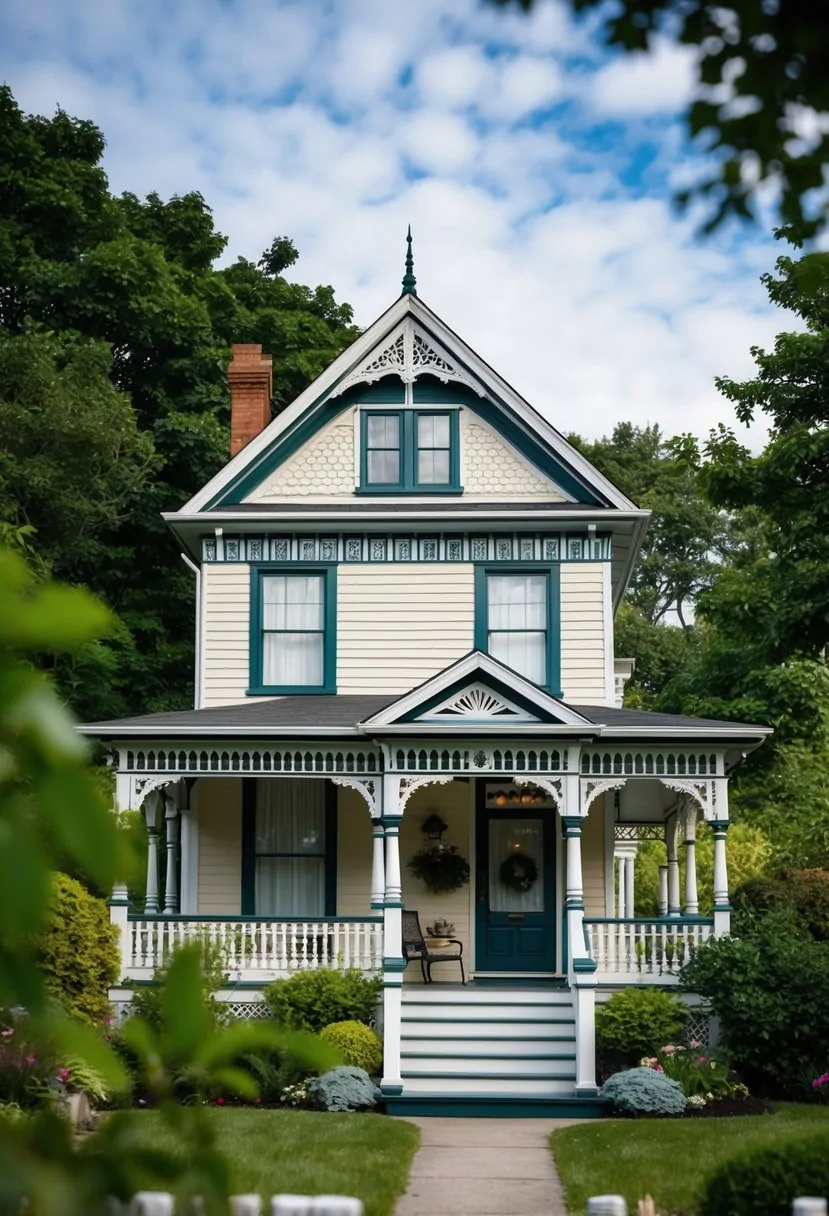A quaint Victorian cottage nestled in a lush garden, adorned with intricate trim and a welcoming front porch