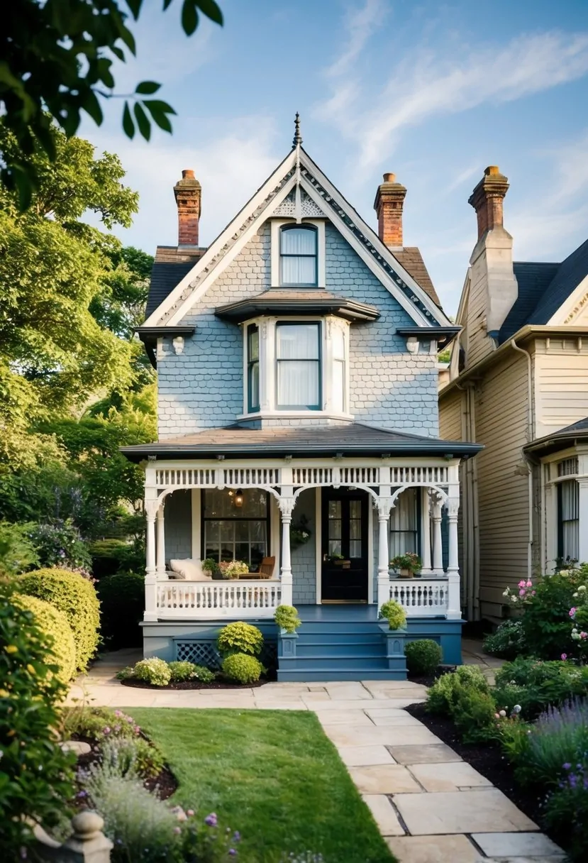 A cozy Victorian cottage with efficient use of space, featuring small rooms, intricate details, and a charming garden