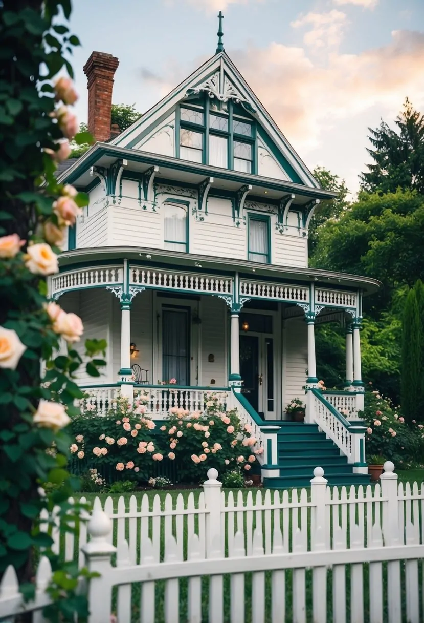 A cozy Victorian cottage with intricate trim and a wrap-around porch, nestled in a lush garden with climbing roses and a picket fence