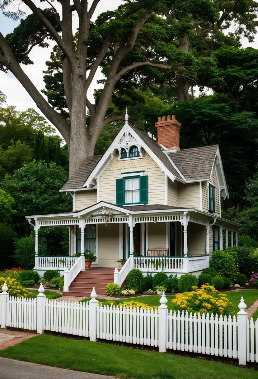 A quaint Victorian cottage nestled among lush gardens, with a picket fence and a cozy front porch, surrounded by towering trees