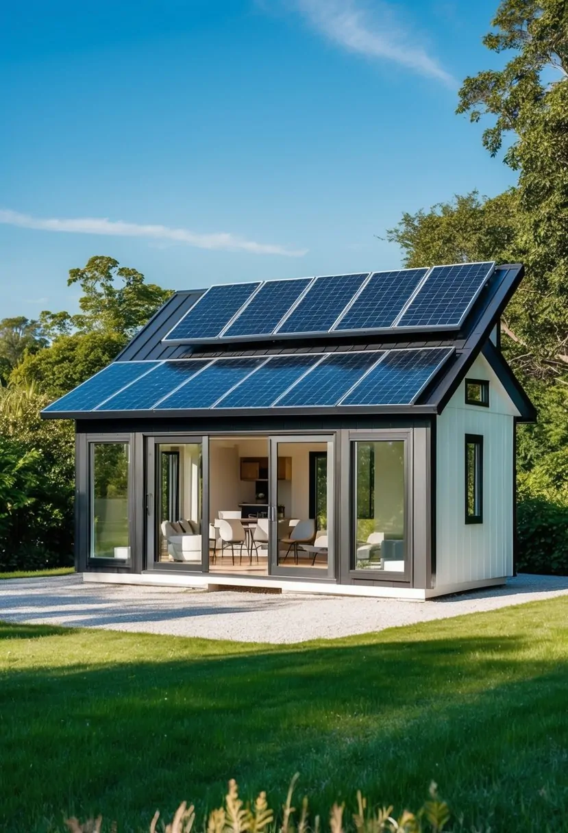 A sleek, modern tiny house with large windows and solar panels on the roof, surrounded by lush greenery and a clear blue sky