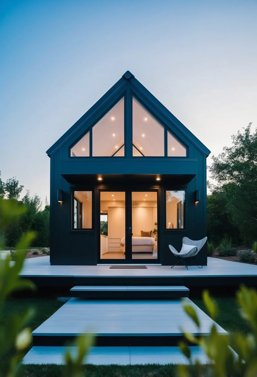 A sleek, modern tiny home with large windows, a minimalist interior, and high-tech features