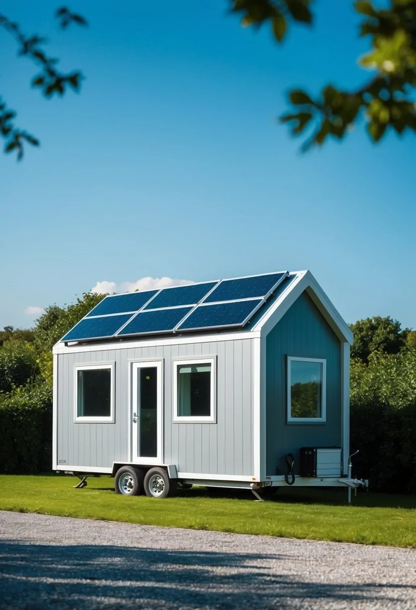 A sleek, modern prefab tiny house with large windows and solar panels, set against a backdrop of lush greenery and a clear blue sky