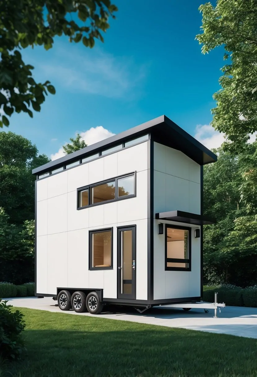 A modern, compact prefab tiny house with sleek design and high-tech features, surrounded by lush greenery and a clear blue sky