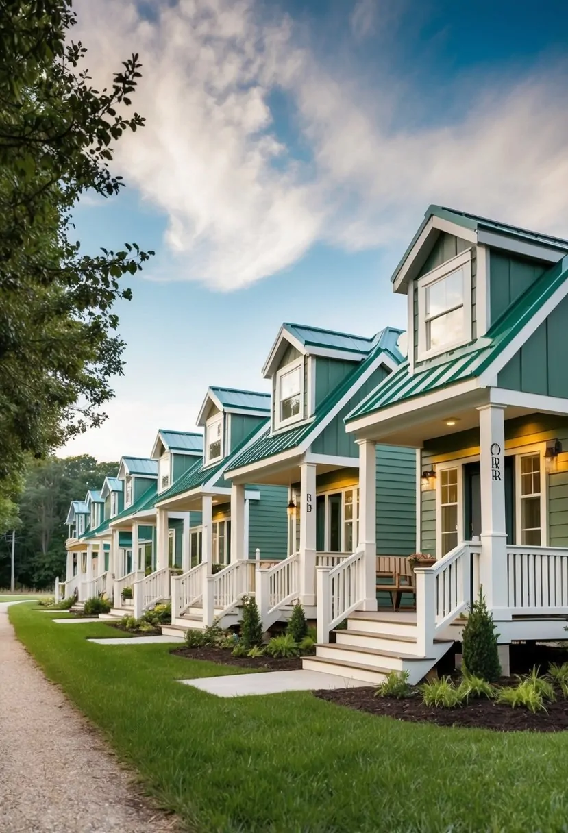 A row of charming, eco-friendly tiny homes with NOAH certification nestled in a serene, wooded setting, each adorned with a welcoming front porch and lush landscaping