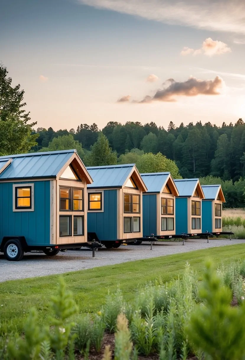 A row of NOAH certified tiny homes for sale, each with unique designs and features, nestled in a picturesque setting surrounded by trees and greenery