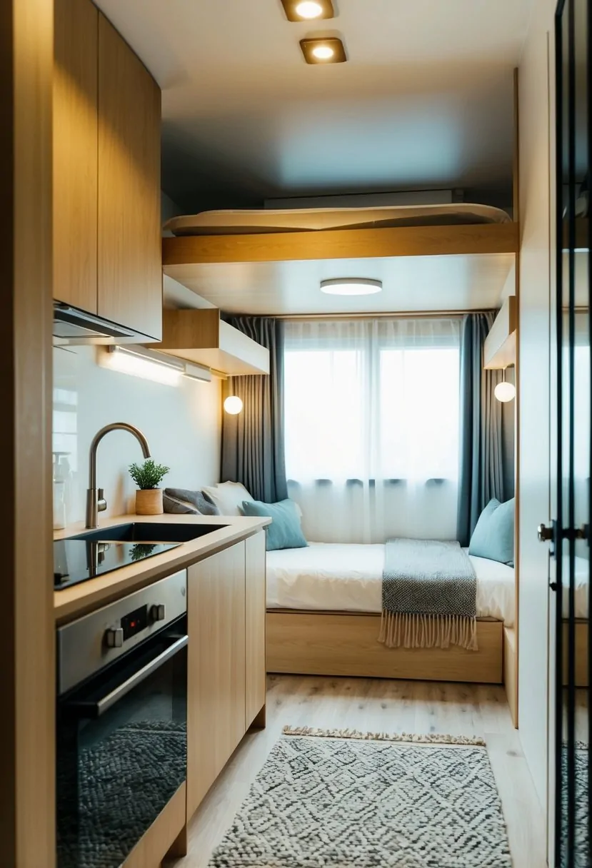 A cozy living room with a compact kitchen, a comfortable sleeping loft, and a modern bathroom with efficient fixtures