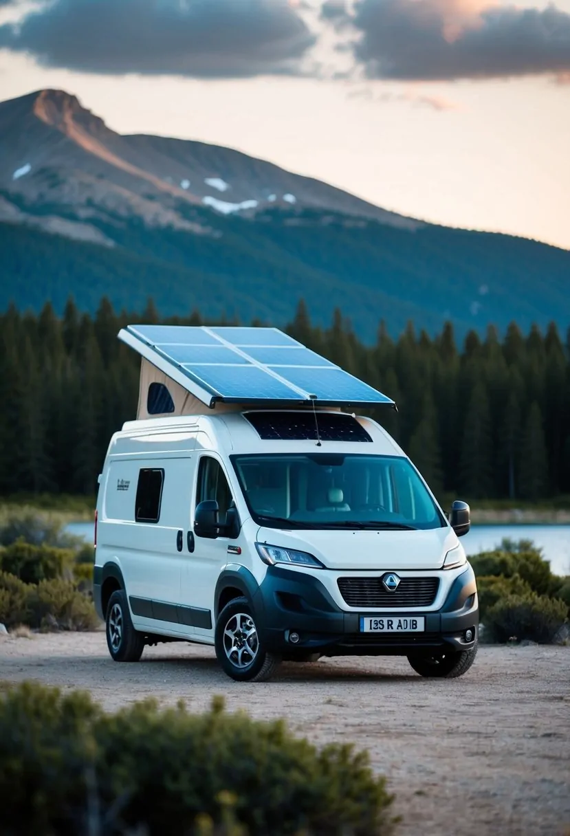 A sleek, electric camper van parked in a scenic wilderness setting, with solar panels on the roof and a spacious interior