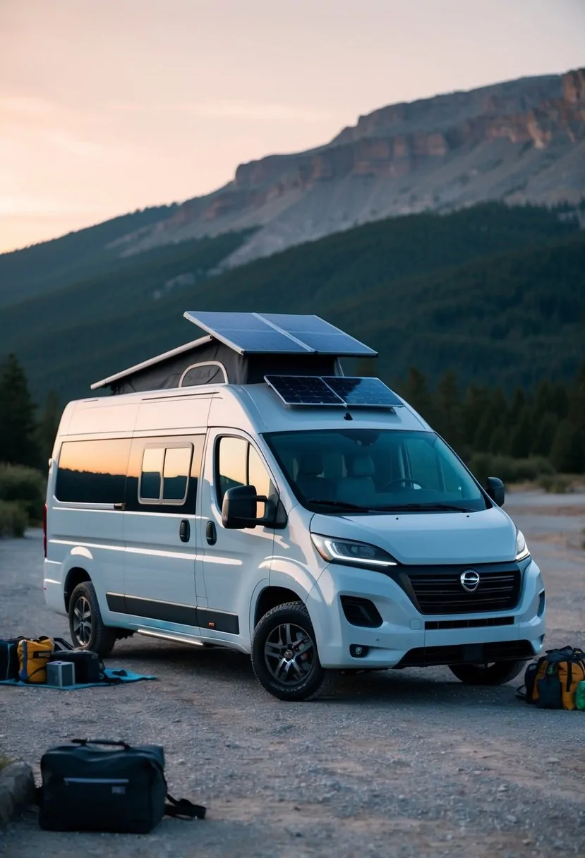 A sleek, futuristic camper van parked in a remote, scenic location with solar panels on the roof and outdoor gear scattered around