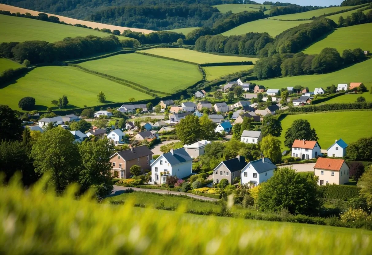 A quaint village nestled among rolling hills and lush greenery, with charming tiny homes dotting the landscape and a sense of community in the air