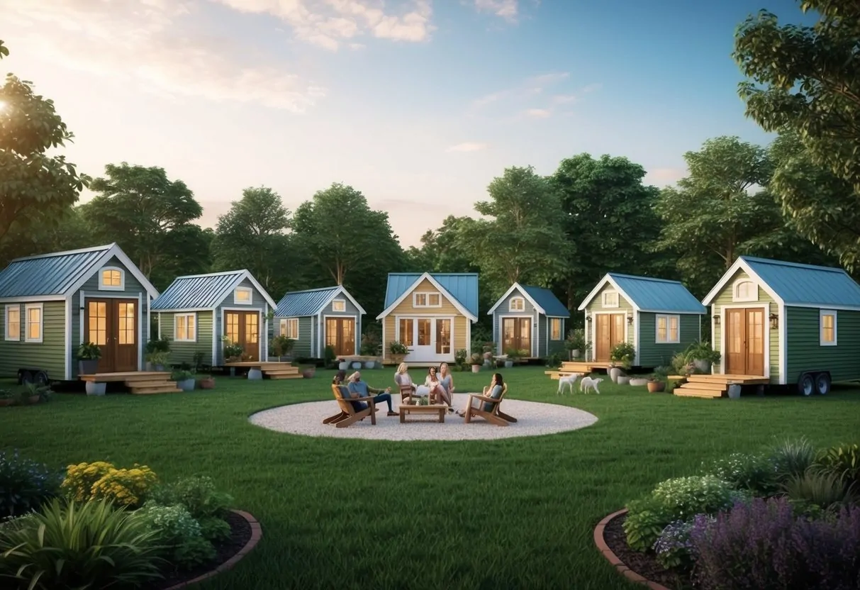 A cluster of charming tiny homes nestled among lush greenery, with communal gardens, a central gathering area, and friendly neighbors enjoying the simple and sustainable lifestyle