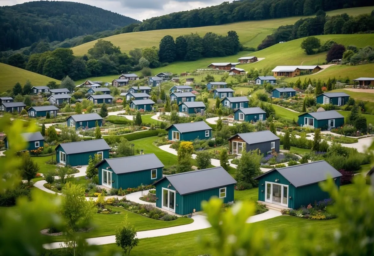 A tranquil village of tiny homes nestled among rolling hills, surrounded by lush greenery and dotted with communal spaces and gardens